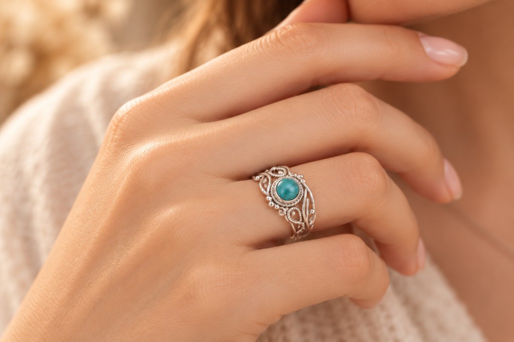 Anillo de filigrana en plata con turquesa, puesto en la mano