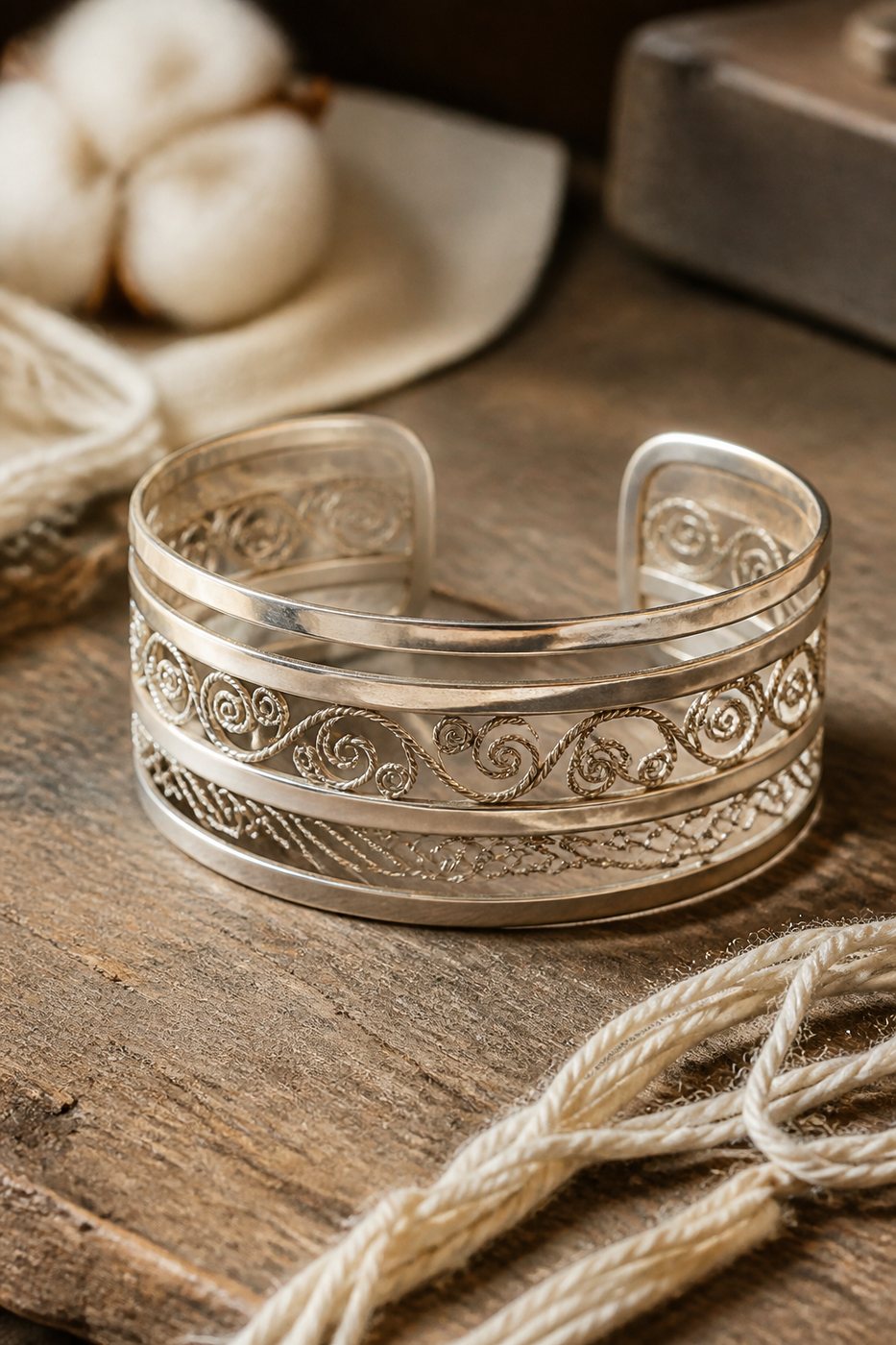 Pulsera Mayu en plata 950, fotografía de estudio
