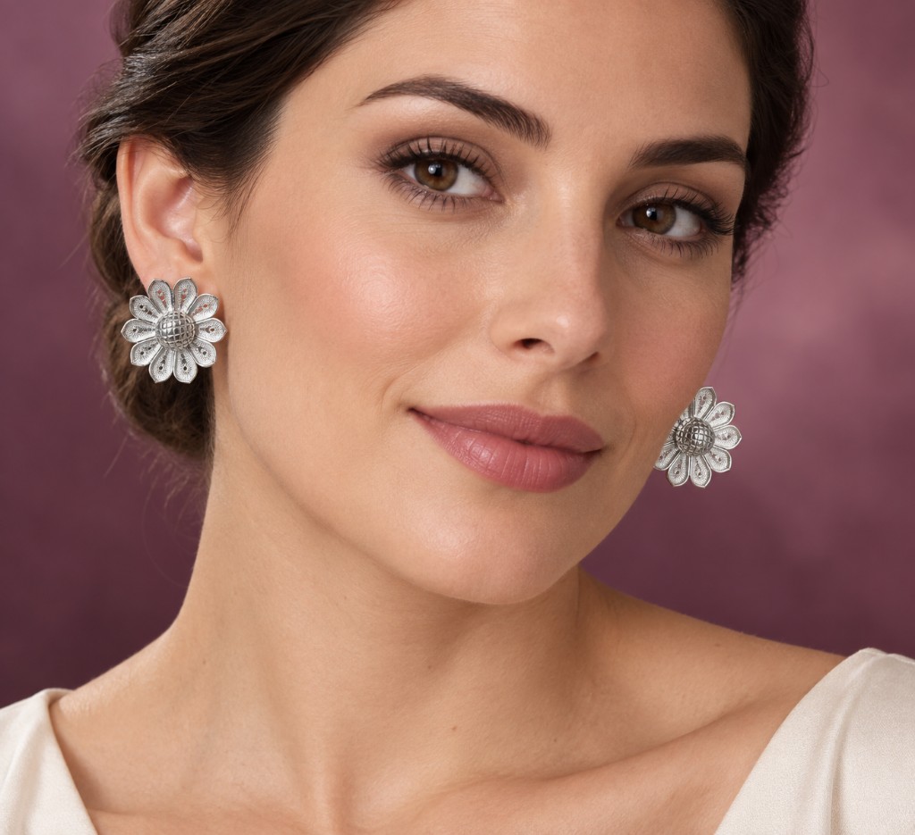 Aretes T’ika de filigrana en plata 950, en oreja
