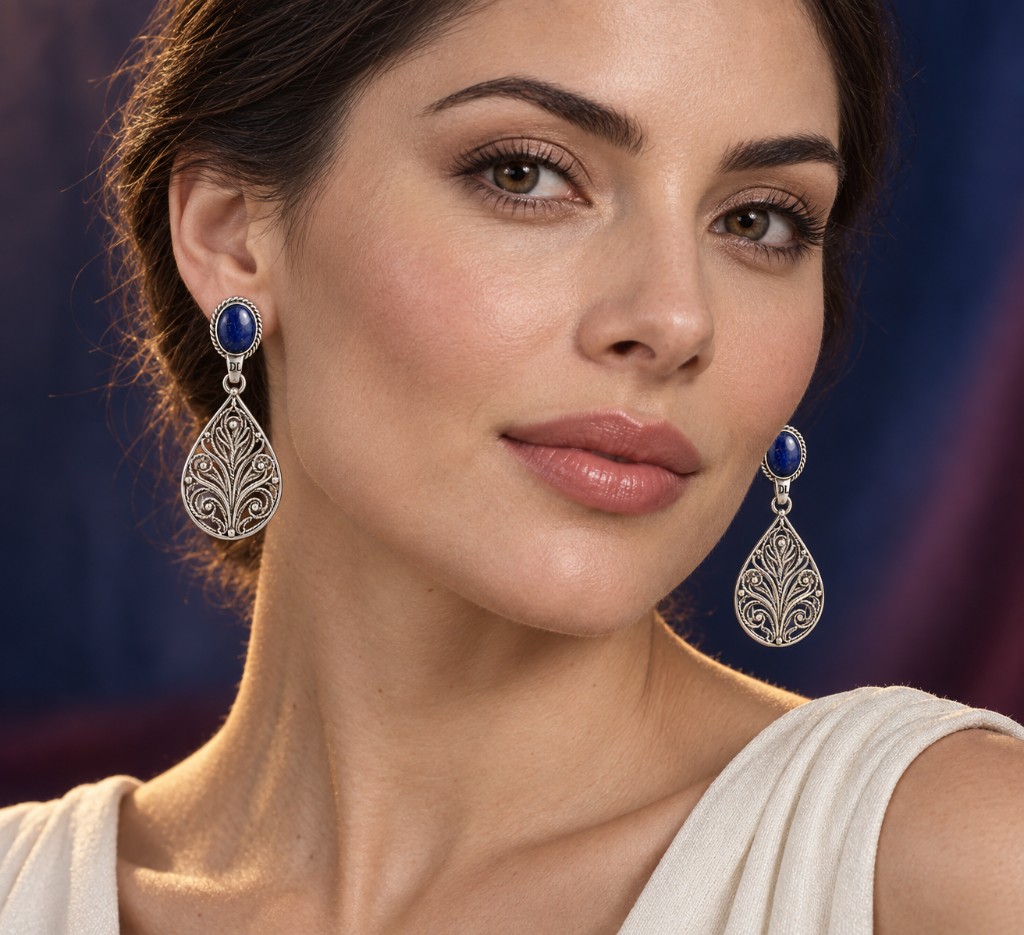 Aretes Qori de filigrana con piedra azul, puestos en la oreja